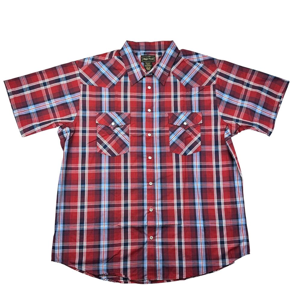 High Noon Shirt Men’s 2XL Blue Red Short Sleeve Plaid Western Pearl Snap Casual